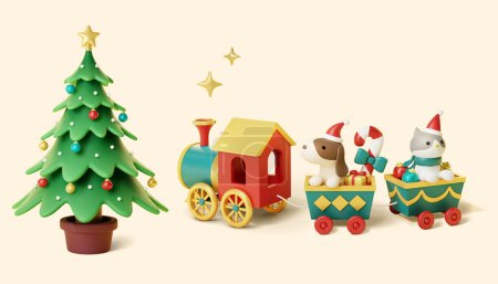Téléchargez les illustrations : Illustration 3D d'un sapin de Noël en pot et train-jouet chargé de fret festif et passager animal isolé sur fond jaune - en licence libre de droit