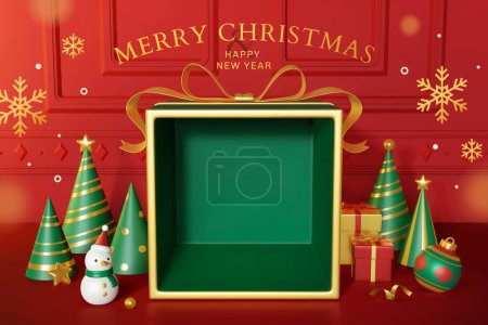 3D-Illustration einer großen sezierten grünen Geschenkbox mit einigen Partyhüten und Weihnachtsdekorationen auf dem Boden vor einer roten Tür 