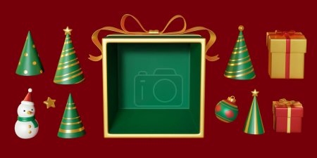 3D Illustrationen Sammlung von zerlegten grünen Geschenkschachteln, Weihnachtsmützen, Schneemannfiguren, Christbaumkugeln und kompletten Geschenkschachteln isoliert auf karminrotem Hintergrund