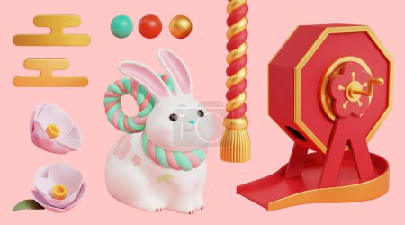 3D-Illustration von rotem Lotterieladengarapon, rotem und goldenem Seilgriff, dekorativen Kugeln, orientalischen Wolken, Blumen und weißem Kaninchen isoliert auf rosa Hintergrund