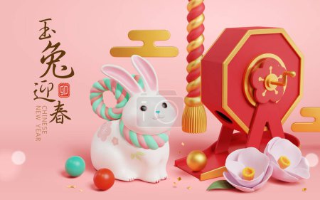 3D-Illustration eines weißen Kaninchens, das neben einer Garapon-Maschine sitzt und von oben an einem Seilgriff hängt. Text: Glückliches Jahr des Hasen. Guimao Jahr.