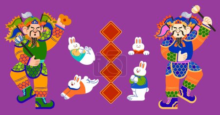 Illustration for A pair of door gods, four bunnies in Chinese costumes and spring couplets isolated on purple background - Royalty Free Image