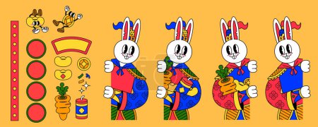 Illustration for Illustration of rabbit door gods in Chinese costumes holding carrots, coins, and sycees in arms. Festive objects isolated on orange background - Royalty Free Image