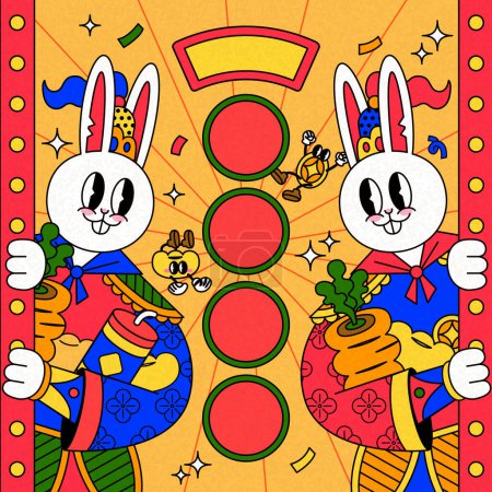 Téléchargez les illustrations : Illustration d'une paire de dieux de porte de lapin en costumes chinois tenant des carottes, des pièces et des sycées dans les bras sur fond radial orange - en licence libre de droit
