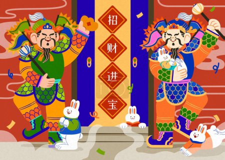 Illustration for A pair of door gods with bunnies in flat illustration. Text: Bring in wealth and treasures - Royalty Free Image