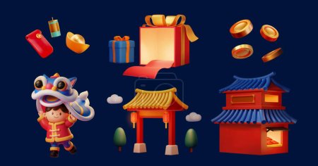 Ilustración de Ilustración 3D de elementos cny incluyen niño asiático realizando danza de león, caja de regalo diseccionada con alfombra roja rodando, monedas, lingote de oro, sobre rojo, edificio chino y decoración de petardo. - Imagen libre de derechos