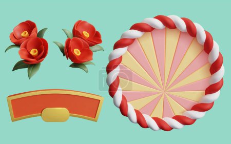 3D Illustration of round shape red white shimenawa with radial wreath, flowers and orange gold banner isolated on cyan background.
