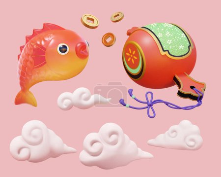 Illustration for 3D Illustration of cute koi fish, vintage coins. white clouds, japanese lucky hammer isolated on pink background. - Royalty Free Image