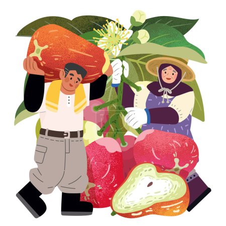 Miniature senior couple carrying giant rose apple on shoulder and holding the branch of rose apple. Tropical fruits and character themed illustration.