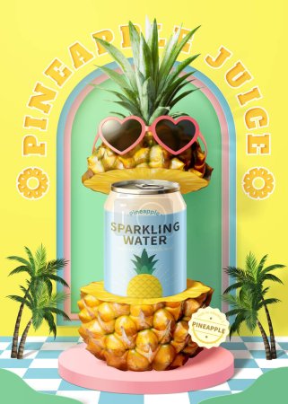 Illustration 3D de l'eau pétillante d'ananas en conserve placée dans l'ananas coupé en deux avec des lunettes de soleil en forme d'amour sur le dessus et une décoration miniature de cocotier des deux côtés