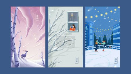 Illustration of winter season in 24 solar terms. Deer look up at sky, girl drinking by the open window, couple holding hands while ice skating. Translation: Winter Solstice.Minor Cold.Major Cold.