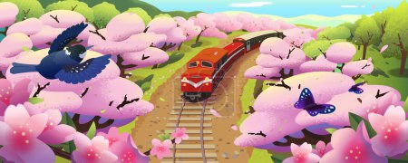 Ilustración de Ilustración de la hermosa vista del paisaje de flores de cerezo de Alishan Mountain, Chiayi, Taiwán. Tren Rojo corriendo a través del bosque de cerezos en la temporada de primavera - Imagen libre de derechos