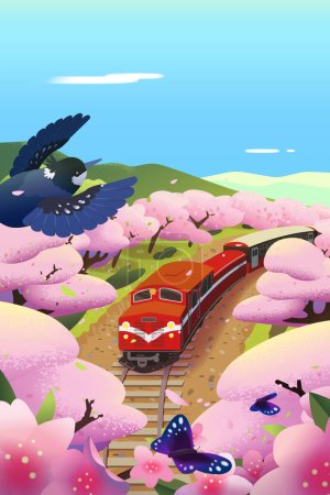 Illustration of beautiful cherry blossom landscape view of Alishan Mountain, Chiayi, Taiwan. Red Train running through cherry blossom forest on spring season