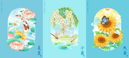 Illustration of summer season in 24 solar terms. Oriental line art including floral, koi fish in pond, natural landscape and hot sun. Translation: Summer Solstice, Minor Heat, Major Heat.
