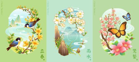 Illustration of spring season in 24 solar terms. Oriental line art including floral, natural landscape, birds and butterflies. Translation: Beginning of Summer, Rain Water, Awakening of Insects.