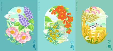 Ilustración de la temporada de verano en 24 términos solares. Arte de línea oriental incluyendo floral, campo de terrazas y campo de trigo. Traducción: Comienzo del verano, Brotes de grano, Grano en la oreja.