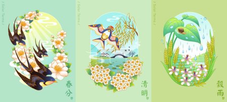 Illustration of spring season in 24 solar terms. Oriental line art including floral, natural landscape, birds and chinese kite. Translation: Spring Equinox, Pure Brightness, Grain Rain.