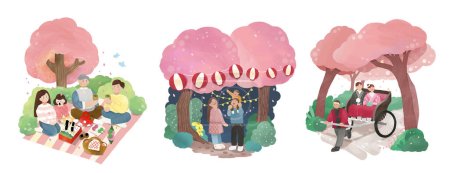 Ilustración de Ilustración de la temporada de flores de cerezo actividades al aire libre. Incluyendo picnic con la familia, los padres y el niño disfrutan de la linterna matsuri, pareja que lleva traje tradicional japonés montado en el rickshaw tirado. - Imagen libre de derechos