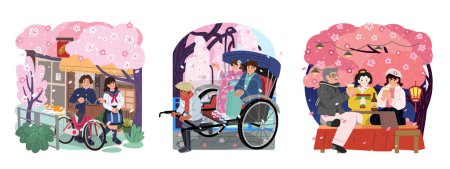 Ilustración de Ilustración de la temporada de flores de cerezo actividades al aire libre. Incluyendo estudiantes dar un paseo por la calle, pareja montando en rickshaw tirado japonés y turistas beber con geisha bajo el árbol de sakura. - Imagen libre de derechos