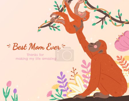 Illustration for Illustration of cute animals interaction, Including mother ape helping baby ape learning to climb on tree. Suitable for Happy Mothers Day and motherhood theme design. - Royalty Free Image