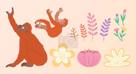 Illustration for Illustration of cute animals interaction elements set. Including mother ape, baby ape and floral decor isolated on light pink background. - Royalty Free Image