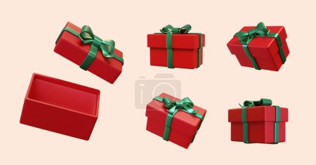 3D Geschenk-Element Set isoliert auf hellrosa Hintergrund.. Rote Geschenkboxen mit grünem Band umwickelt, offene und geschlossene Attrappen in verschiedenen Winkeln.