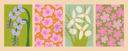 Frühling handgezeichnete bunte florale Kollektion. Darunter Glyzinien, Azaleen, edle Orchideen und Kirschblüten auf hellbeigem Hintergrund. Geeignet für Frühling oder festliche Dekoration.