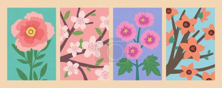 Rosa handgezeichnete bunte florale Kollektion. Inklusive Pfingstrosenblume, Pfirsichblüte, Hollyhock und roter Seidenbaumwolle isoliert auf hellbeigem Hintergrund. Geeignet für Frühling oder festliche Dekoration.