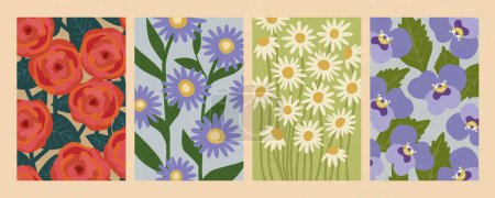 Delicate hand drawn colorful floral collection. Including rose, violet, daisy and aster isolated on light beige background. Suitable for spring season or festive decoration.