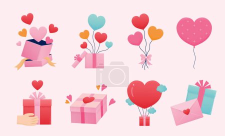 Valentinstag Luftballons und Geschenke Elemente gesetzt isoliert auf hellrosa Hintergrund. Niedliche Liebe Form Luftballons, Geschenk-Boxen und Brief-Paket
