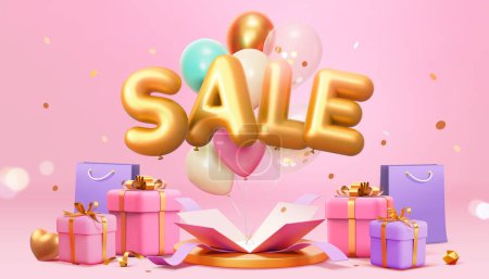 3D golden with SALE text balloons popping up from surprise box on a podium surrounded by wrapped gift boxes, shopping bags, and confetti