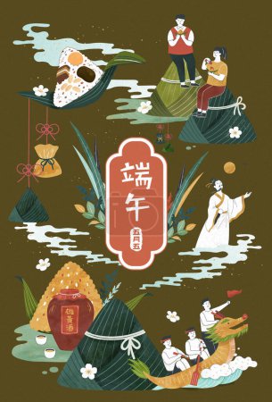 Style dessiné à la main du poète Qu Yuan, vin realgar, personnes miniatures assises sur des boulettes de riz géantes, et course de bateau dragon. Traduction en chinois : Duanwu. Le 5 mai dans le calendrier lunaire. Vin realgar