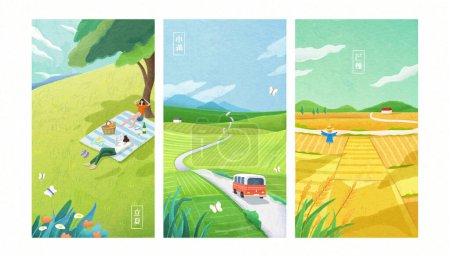 Illustrations of first three solar terms in summer. Couple enjoys outdoor picnic, van on country road, and scarecrow in golden paddy field. Translation: Beginning of Summer. Grain Buds. Grain in Ear