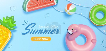 Illustration for Summer sale promotion online shopping ad template. Top view of ball, flamingo swimming ring and tropical fruit lilos floating on water. - Royalty Free Image