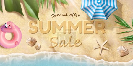 Illustration for Summer sale promotion banner. Top view of sunny beach side with ocean wave, flamingo inflatable ring, seashells, parasol and tropical leaves on sand. - Royalty Free Image