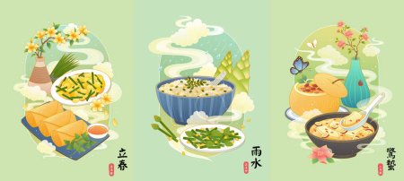 Iconic food for spring solar terms in oriental line style. Scrambled egg, spring rolls, porridge, asparagus and goji pear sweet soup. Text: Beginning of Spring. Rain Water. Insects Awakening.