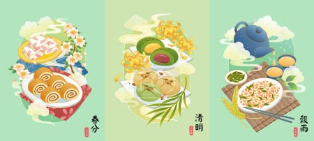 Iconic food for spring solar terms in oriental line style. rice rolls, peach blossom cake, rice balls, steamed sponge cake and stir fry shrimp. Text: Spring Equinox. Pure Brightness. Grain Rain.