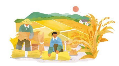 Illustration for Hand drawn style farmers ties up grain stalks into sheaf in rice field. Beautiful view of sunset among village around paddy, and mountains. - Royalty Free Image