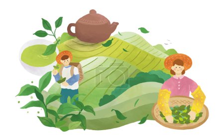 Granjeros de té de estilo dibujado a mano recogiendo hojas de té y sosteniendo bandeja de bambú en campos con terrazas. Tetera gigante y taza de té en la cima de la montaña con hojas volando en el aire.