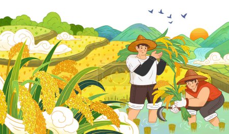 Illustration for Hand drawn style hardworking farmers harvesting ripe grain in terraced field. Scenic view of ripe grain at paddy farm, sunset behind river among mountains and clouds floating around. - Royalty Free Image