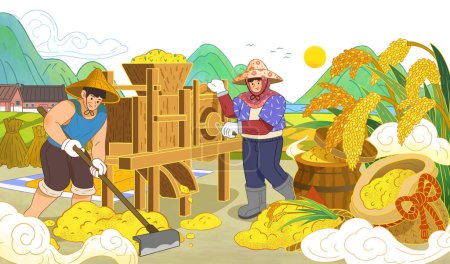 Ilustración de Granjeros de estilo dibujado a mano moliendo y recolectando granos de arroz. Vista panorámica del campo de arroz dorado, el sol, las montañas y el pueblo. - Imagen libre de derechos