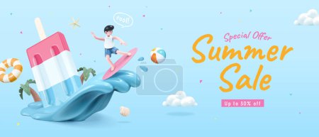 3D Verspielte Sommerschlussverkauf Banner-Vorlage mit Jungen, die auf schmelzendem Eis surfen. Aufblasbarer Ring, Seesterne, Strandball, Muschel und Wolkendekor auf hellblauem Hintergrund.
