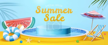Modèle de promotion de vente d'été avec podium d'affichage dans la piscine entourée d'objets de plage. Y compris le lit lilo pastèque, anneau gonflable, ballon de plage, chaise de plage et parasol.