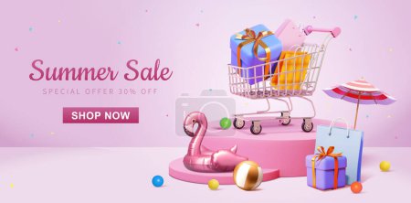 Illustration for Pink theme summer sale promotion template. Shopping cart with gift and bags on display podium surrounded by flamingo pool float, beach ball, present, shopping bag and parasol. - Royalty Free Image