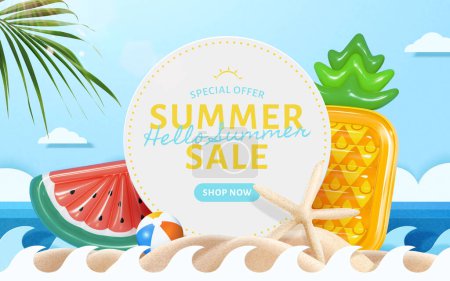 Illustration for Sunny beach summer sale promotion template. Round label on sand with tropical fruit lilos, beach ball, starfish, ocean waves and tropical leaf around. - Royalty Free Image
