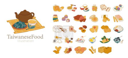 Taiwanesische klassische Lebensmittel-Element-Set. Hand gezeichnet köstliches Essen, süße Desserts, Snacks der alten Schule und Tee-Set isoliert auf weißem Hintergrund.