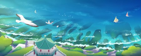 Illustration for Breathtaking panorama landscape in Xiaoliuqiu island, Taiwan. Wanghai pavilion perched on top of the cliff overlooking clear ocean full of beautiful fringing reefs. - Royalty Free Image