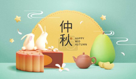 Illustration for Cute jade rabbits on sliced mooncake looking at semicircle board with osmanthus flower, teapot, and pomelo around on mint green background. Chinese Translation: Mid Autumn - Royalty Free Image