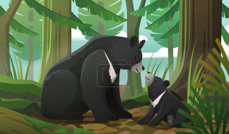 Preciosa interacción entre Formosan negro oso mamá y cachorro en el bosque.