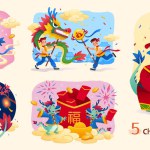 Illustration set of playful caishen dragon and festive CNY activities on cream white background. Text: fortune.